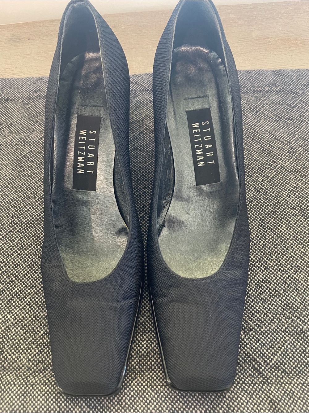 Stuart Weitzman Navy Blue Square-Toe Fabric Pumps. Stylish heel design. GUC!